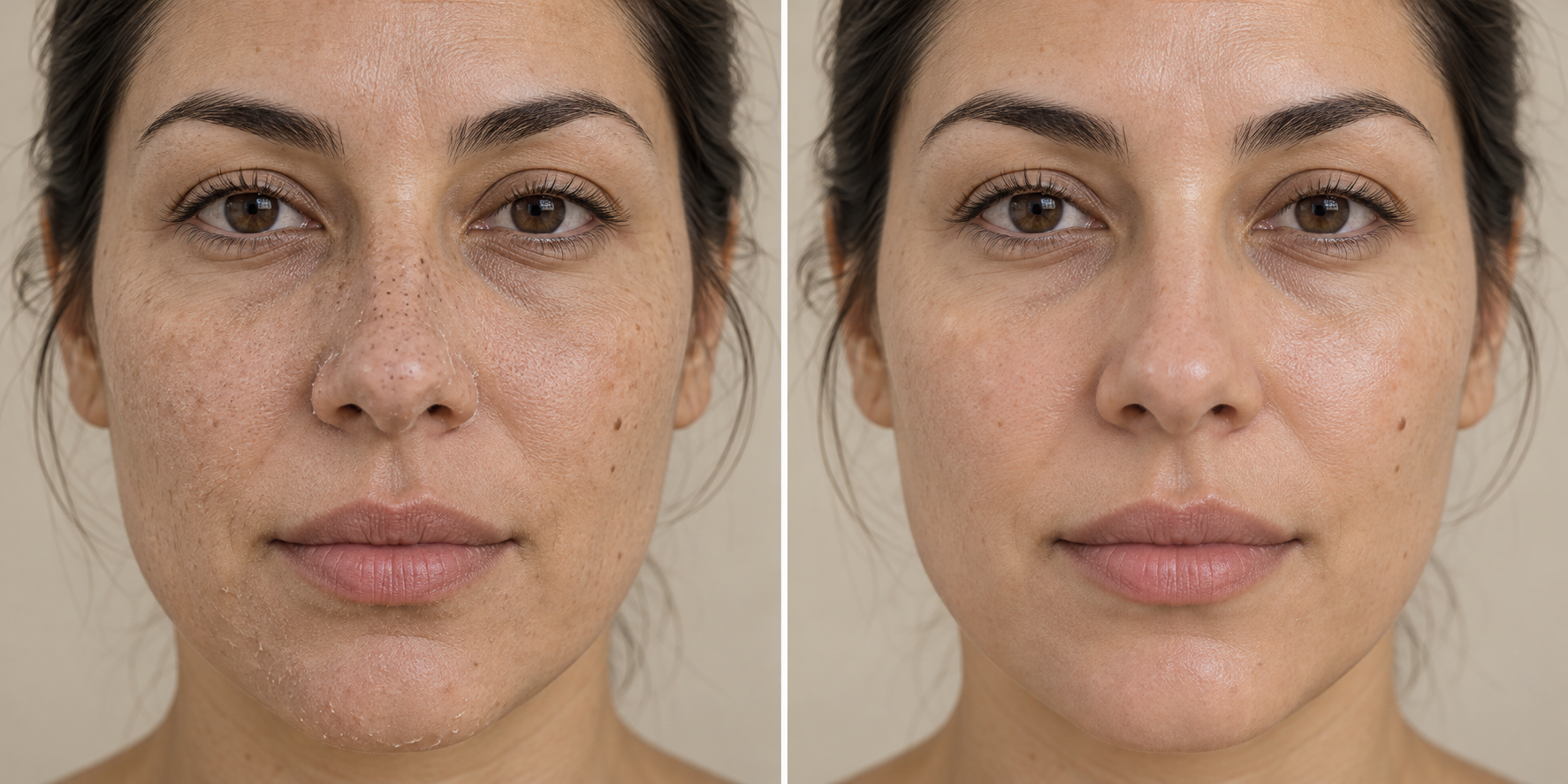 Illustration générée par IA : comparaison fictive de la peau avant et après un soin Hydrafacial